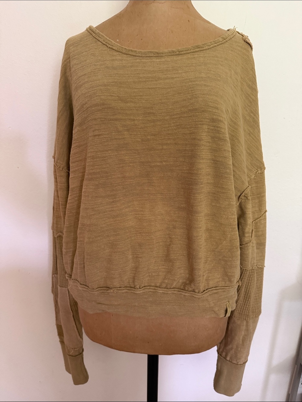 We The Free L Distressed Patchwork Relaxed Crewneck Women's Sweater in mustard